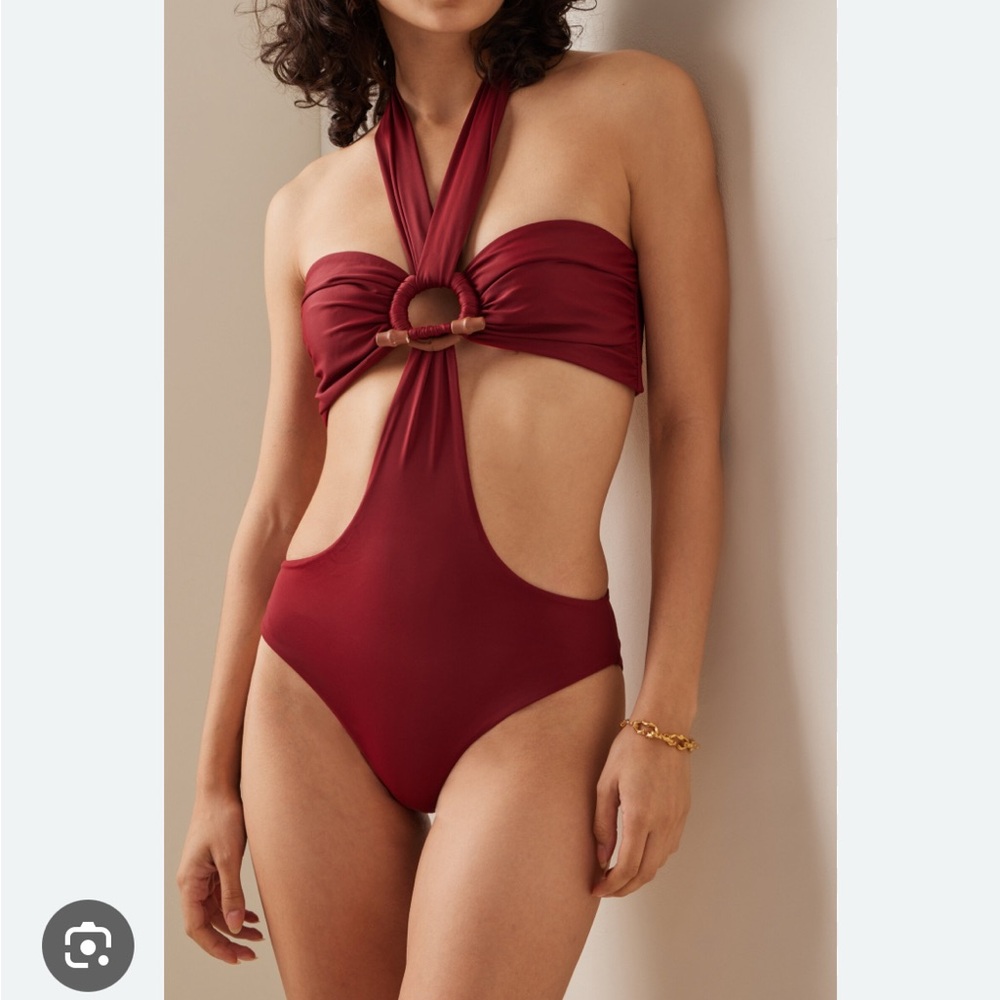 Johanna Ortiz Burgundy One Piece Swimsuit with Decorative Straps